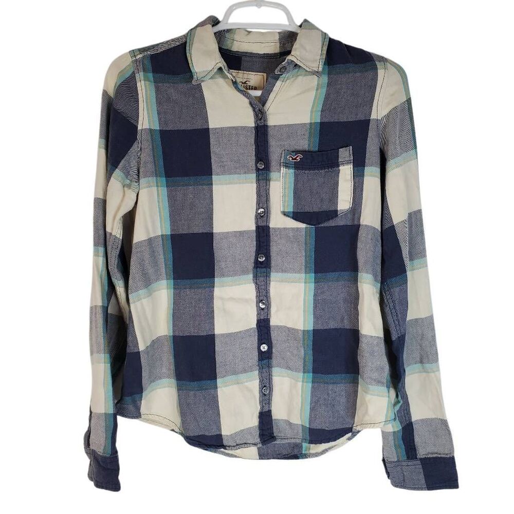 Hollister Check Plaid Long Sleeve Cotton Button-up Shirt Blue White Medium